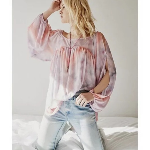 Free People Tie Dye Mystic Tunic Top Split Sleeves Cold Shoulder S Z182-21 - Picture 1 of 9